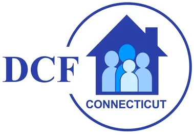 DCF Connecticut logo with four blue human figures inside a house outline, encircled. DCF appears in large text on the left, and Connecticut is below the figures.