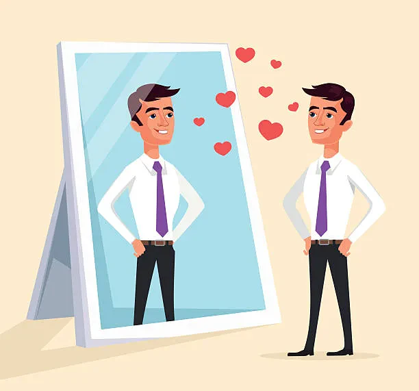 A businessman gazes at his reflection in a mirror adorned with heart shapes, symbolizing self-love and confidence.