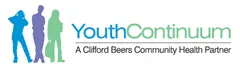 Three stylized silhouettes of young people stand next to the text “Youth Continuum, A Clifford Beers Community Health Partner” in blue, green, and gray.