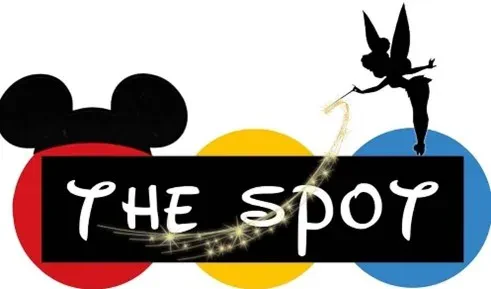 Silhouette of Tinker Bell with a sparkling wand, three colored circles (red, yellow, blue), Mickey Mouse ears, and the words The Spot in playful white font on a black rectangle.