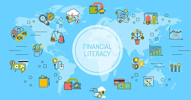 An infographic with a blue world map background centered around a white circle that reads "FINANCIAL LITERACY"