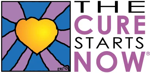 Logo of "The Cure Starts Now," featuring a stylized design emphasizing hope and cancer research awareness.