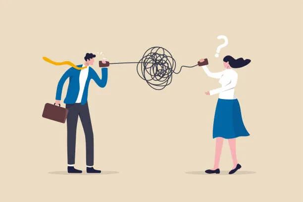 An illustration of a man and a woman attempting to communicate using a tin can telephone, representing a communication breakdown.