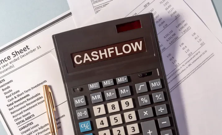 A printed cash flow calculator displaying financial calculations and projections on a white background.