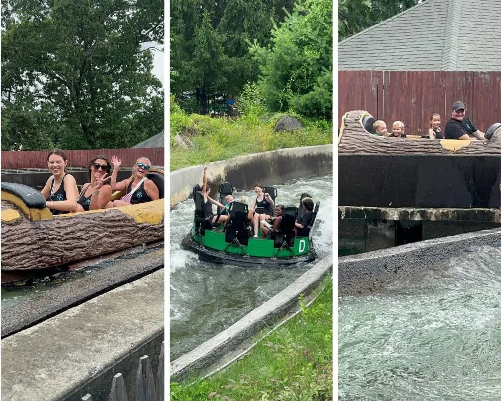A collage of three distinct vertical photographs capturing visitors enjoying water rides at an amusement park.