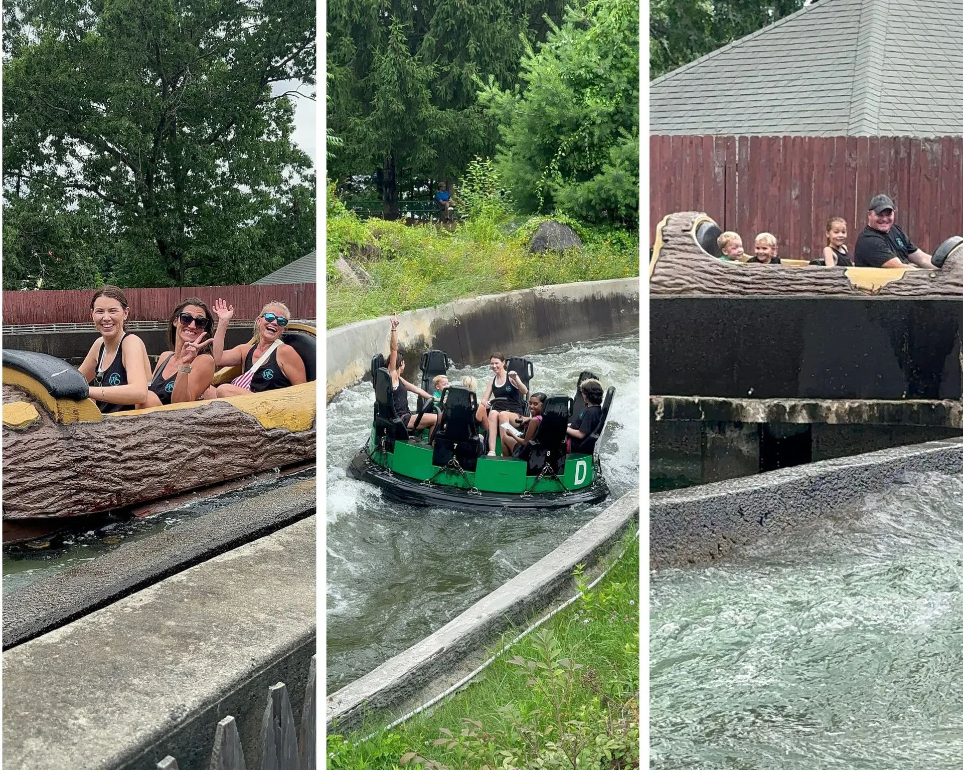 A collage of three photos showing families enjoying water rides at an amusement park.