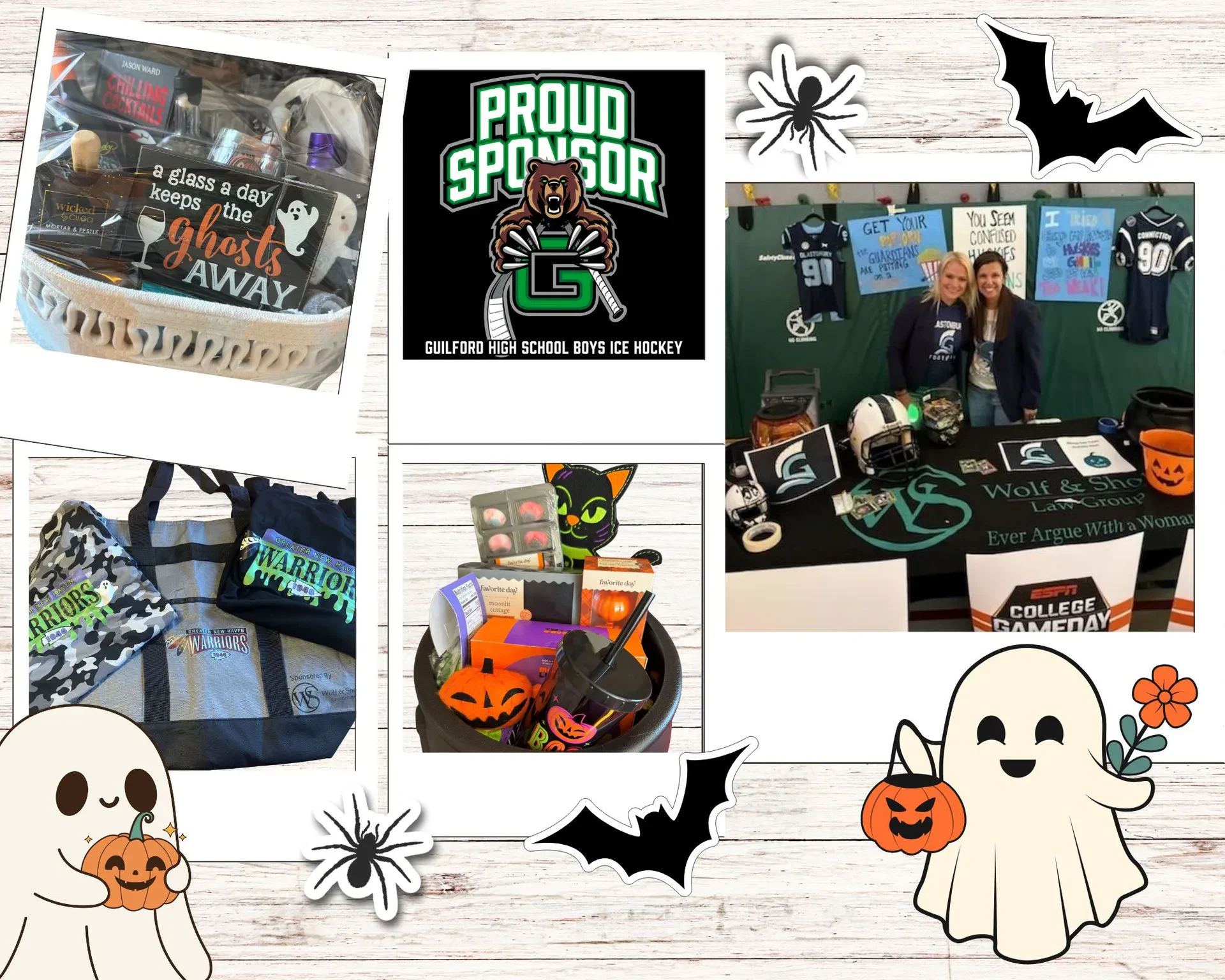 Collage of Halloween-themed items, basket prizes, Guilford High School Boys Ice Hockey sponsor sign, jerseys, two people at a hockey table, and festive decorations with ghosts, bats, and pumpkins.
