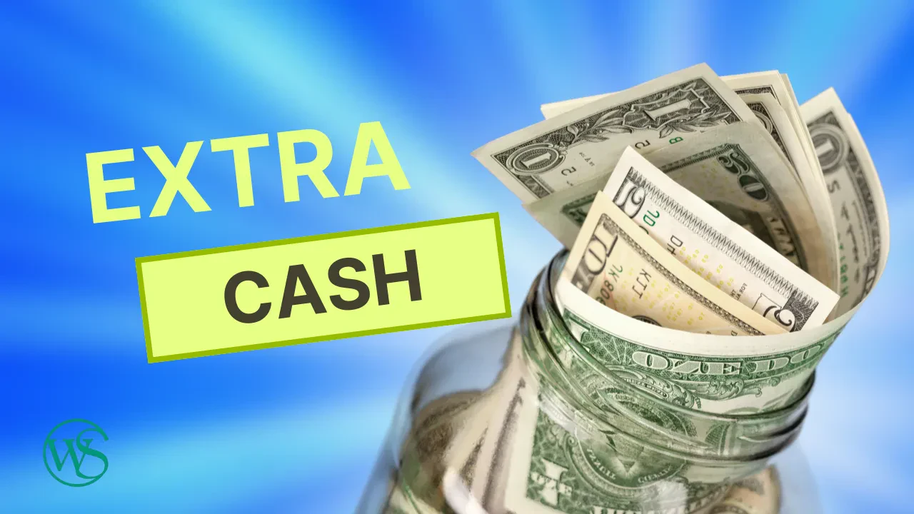 A glass jar filled with U.S. dollar bills is shown on a blue background with the words EXTRA CASH in bold yellow and green text.