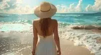 A woman in a white dress and hat strolls along the sandy beach, with waves gently lapping at her feet.