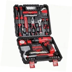 A 132-piece household tool kit with an 8V red cordless power drill in an open black storage case.