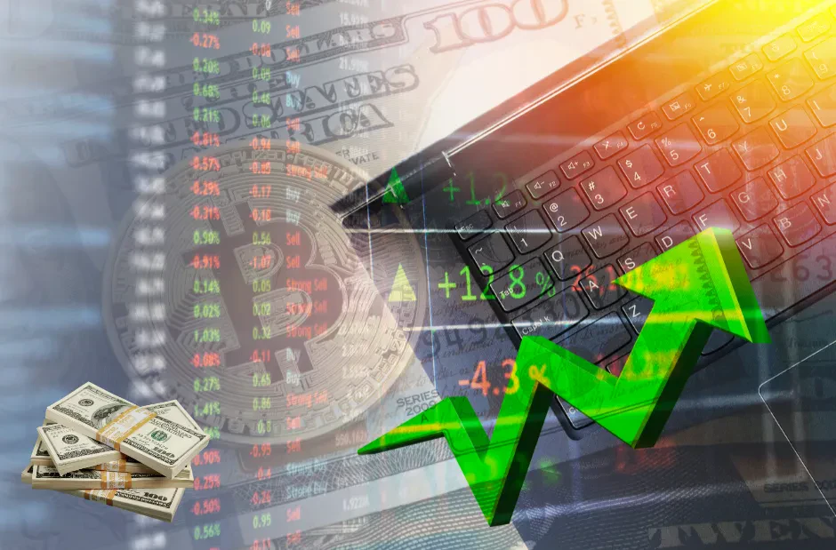 A digital collage showing a green upward arrow, a keyboard, US dollar bills, stock market data, and a Bitcoin symbol, representing financial growth and the intersection of cryptocurrency and traditional finance.