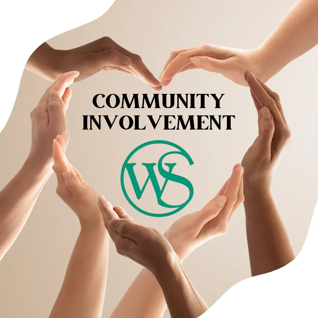 Six hands of diverse skin tones form a heart shape around the words “Community Involvement” and a green “WS” logo on a light background.