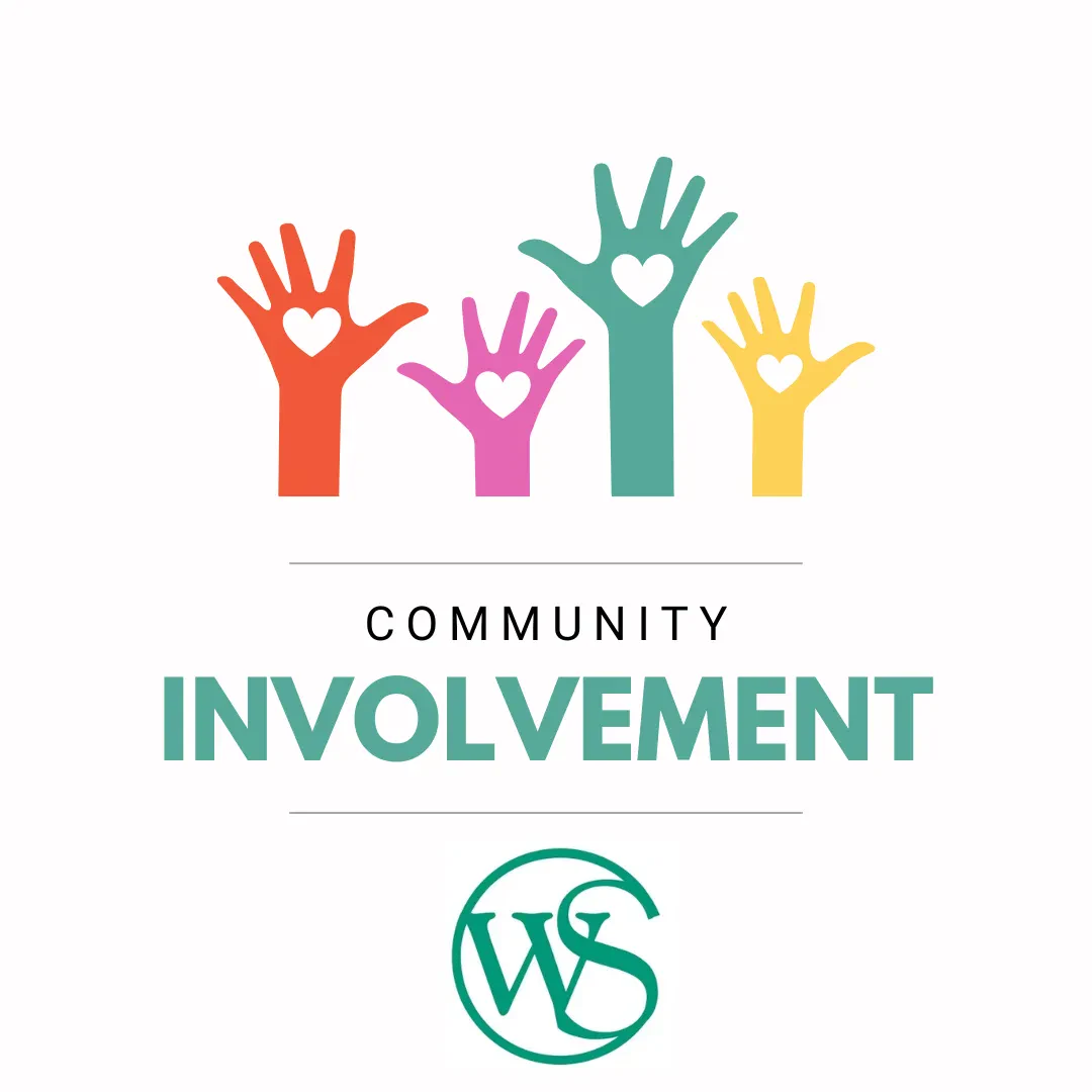 Four colorful hands with hearts in the palms above the words Community Involvement and a green WS logo on a white background.