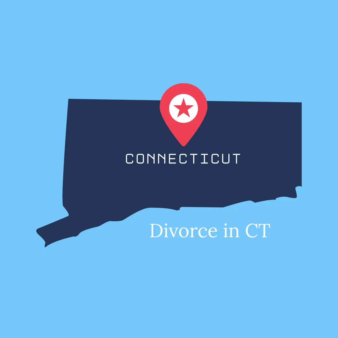 A dark blue silhouette of Connecticut with a red map pin and star on top. The word “CONNECTICUT” appears in white, and below it are the words “Divorce in CT” on a light blue background.