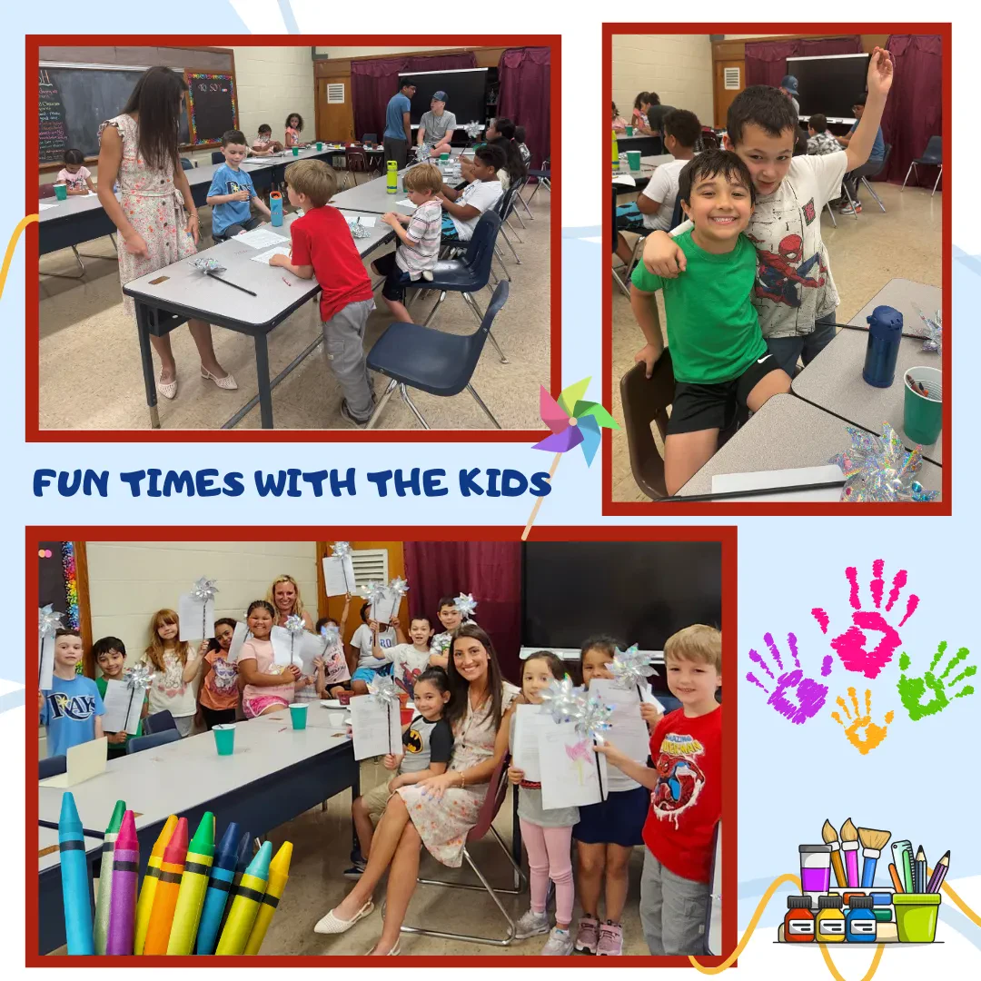 A collage of children at a table, focused on their desks with hands placed on the surface, engaged in an activity.