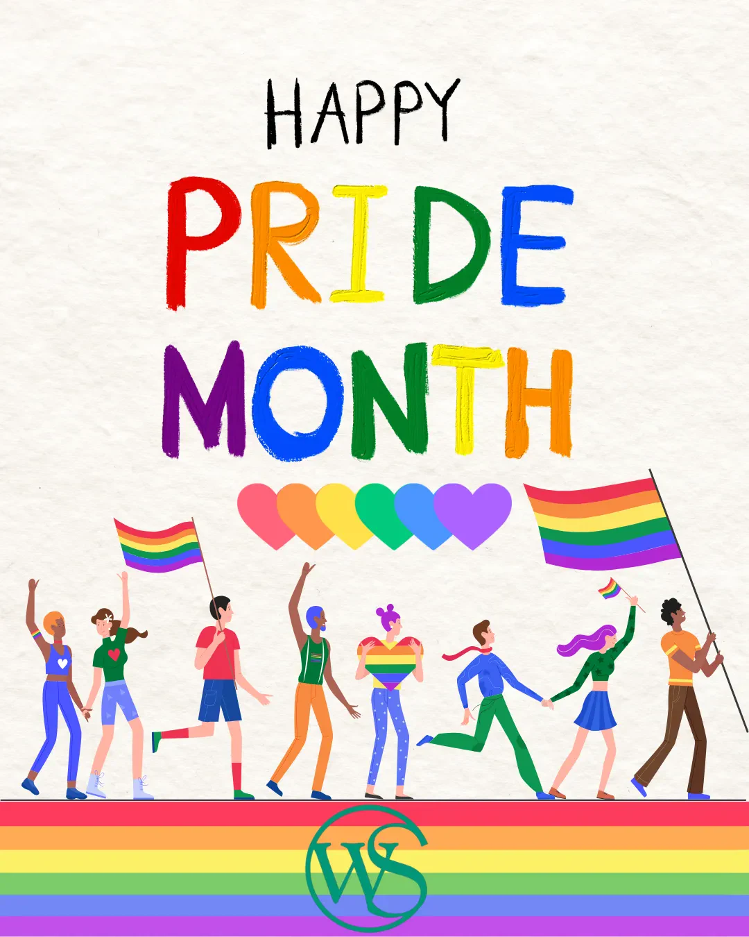 Graphic text reading "HAPPY PRIDE MONTH" in rainbow colors above an illustration of diverse people marching and holding pride flags.