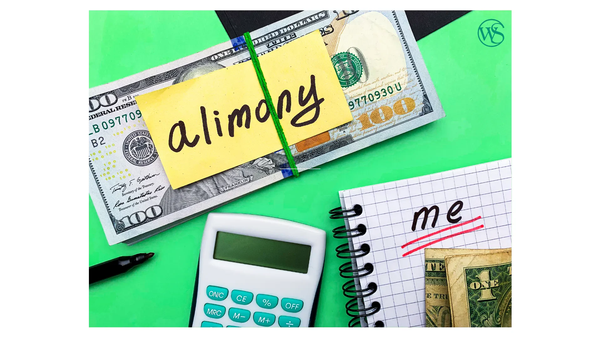 Stack of cash labeled alimony, a calculator, a pen, and a notepad with me written on it over dollar bills, all placed on a green background.