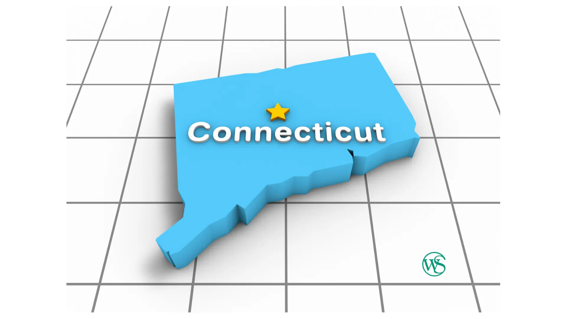 The word "Connecticut" is written across the map of Connecticut in raised white text, topped by a small yellow star indicating the capital's location.
