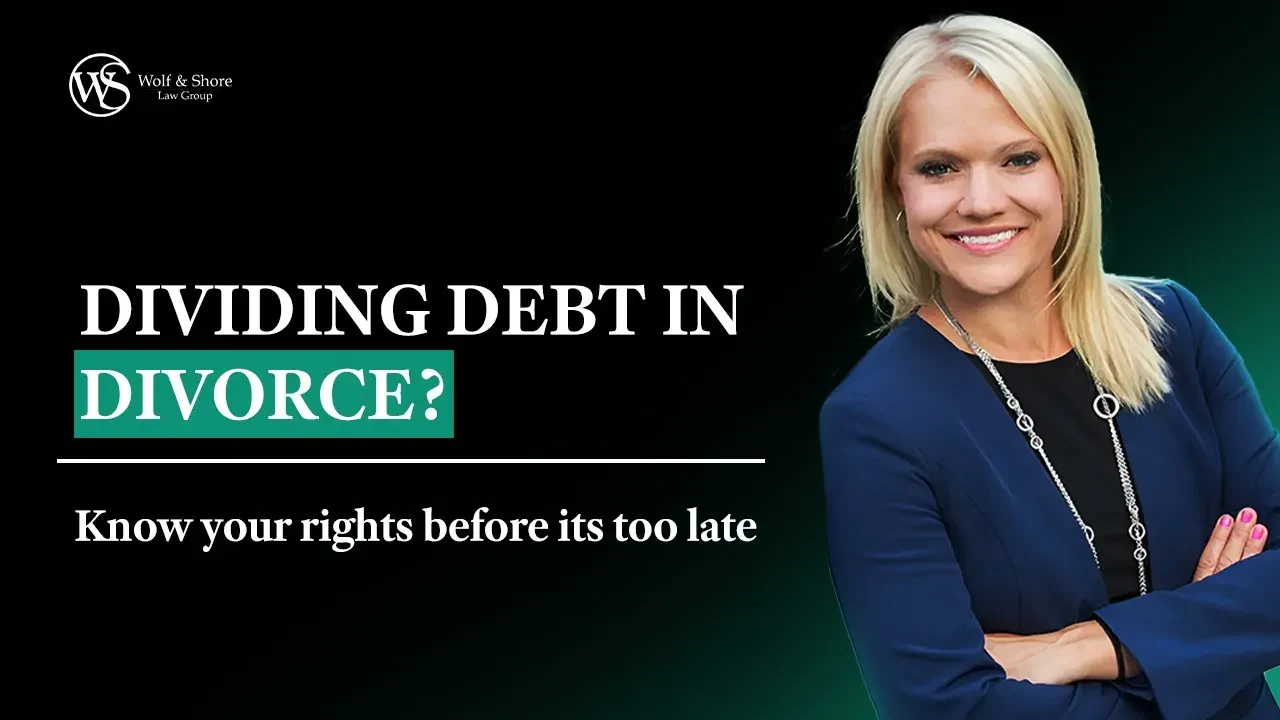Kristen Wolf with crossed arms next to a infographic that says "Dividing Debt in Divorce: Know your rights before it's too late."