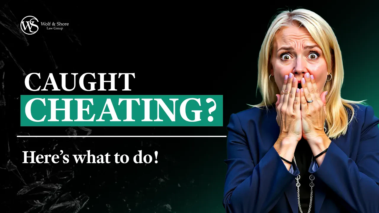 A surprised Kristen Wolf covers her mouth; text reads, “Caught Cheating? Here’s what to do!” with the Wolf & Shore Law Group logo on a dark background.