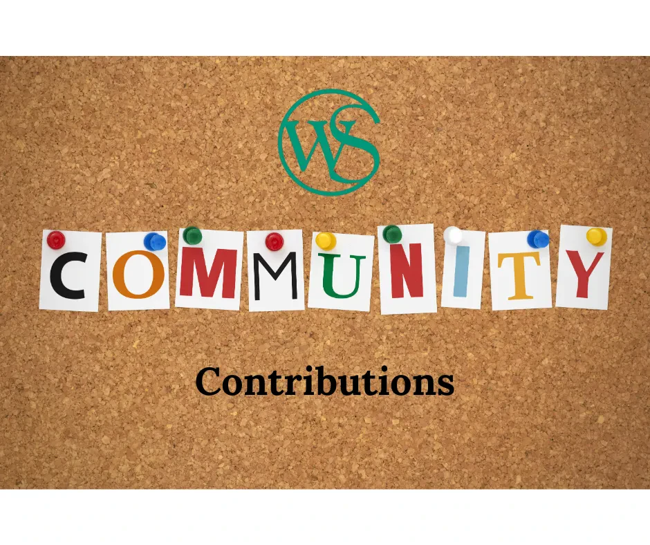 Corkboard with colorful letters spelling COMMUNITY pinned to it, the WS logo above, and the word Contributions in black text below.