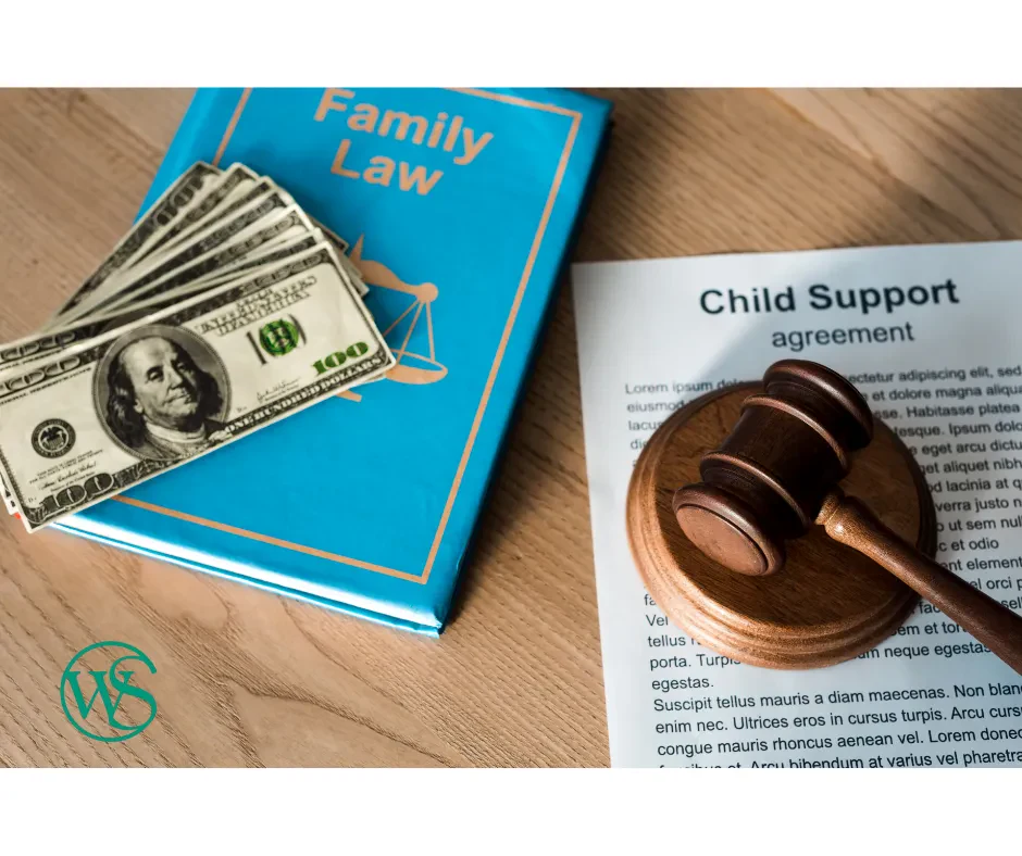 Dollar bills, a child support form and a book with a title "Family Law" all on a wooden desk.