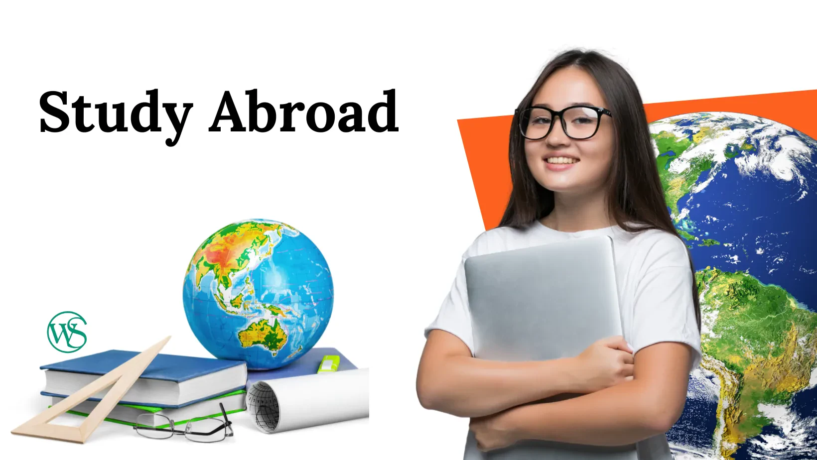 Young woman holding a laptop stands next to study materials and a globe, with the text "Study Abroad" displayed on the left side of the image.