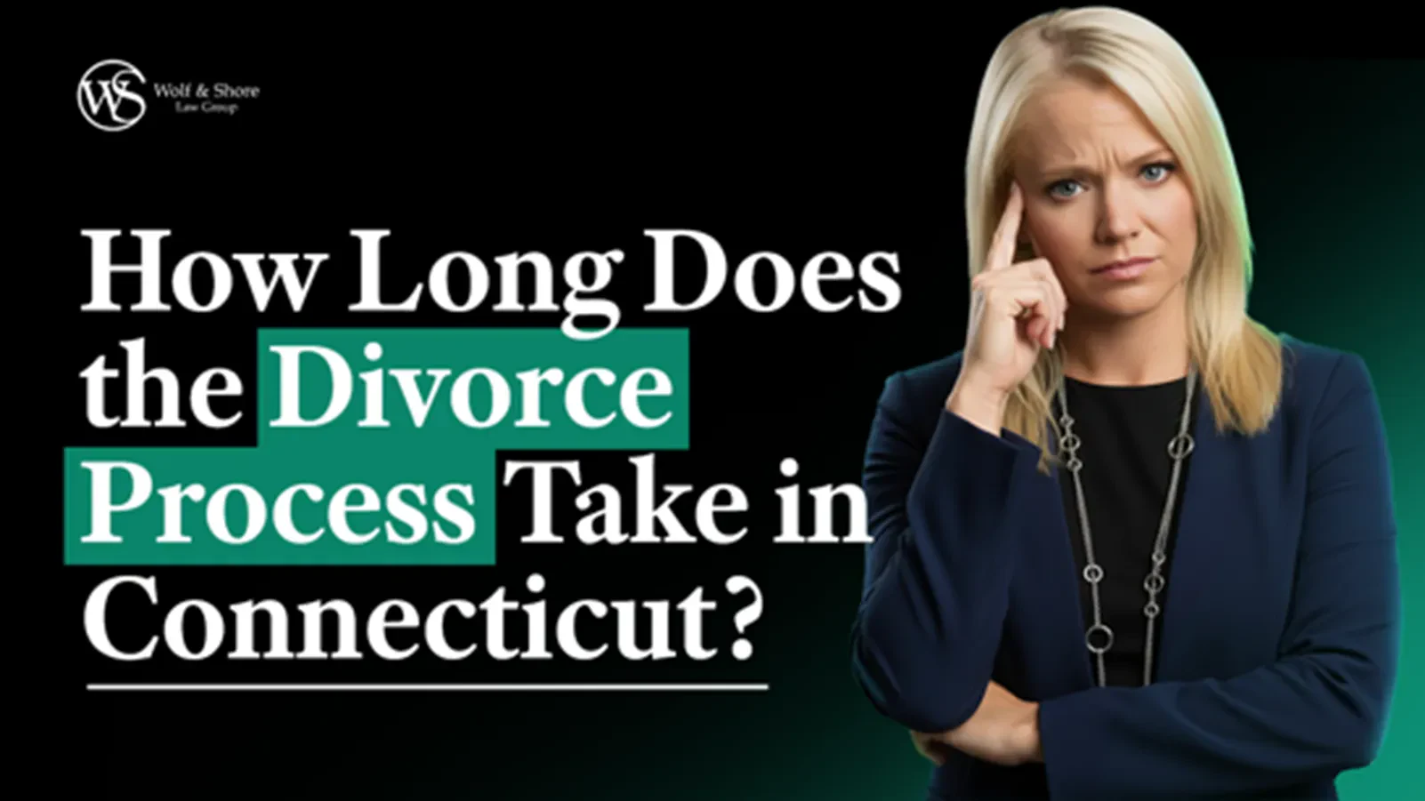 Kristen Wolf beside a timeline graphic saying "The duration of the divorce process in Connecticut."