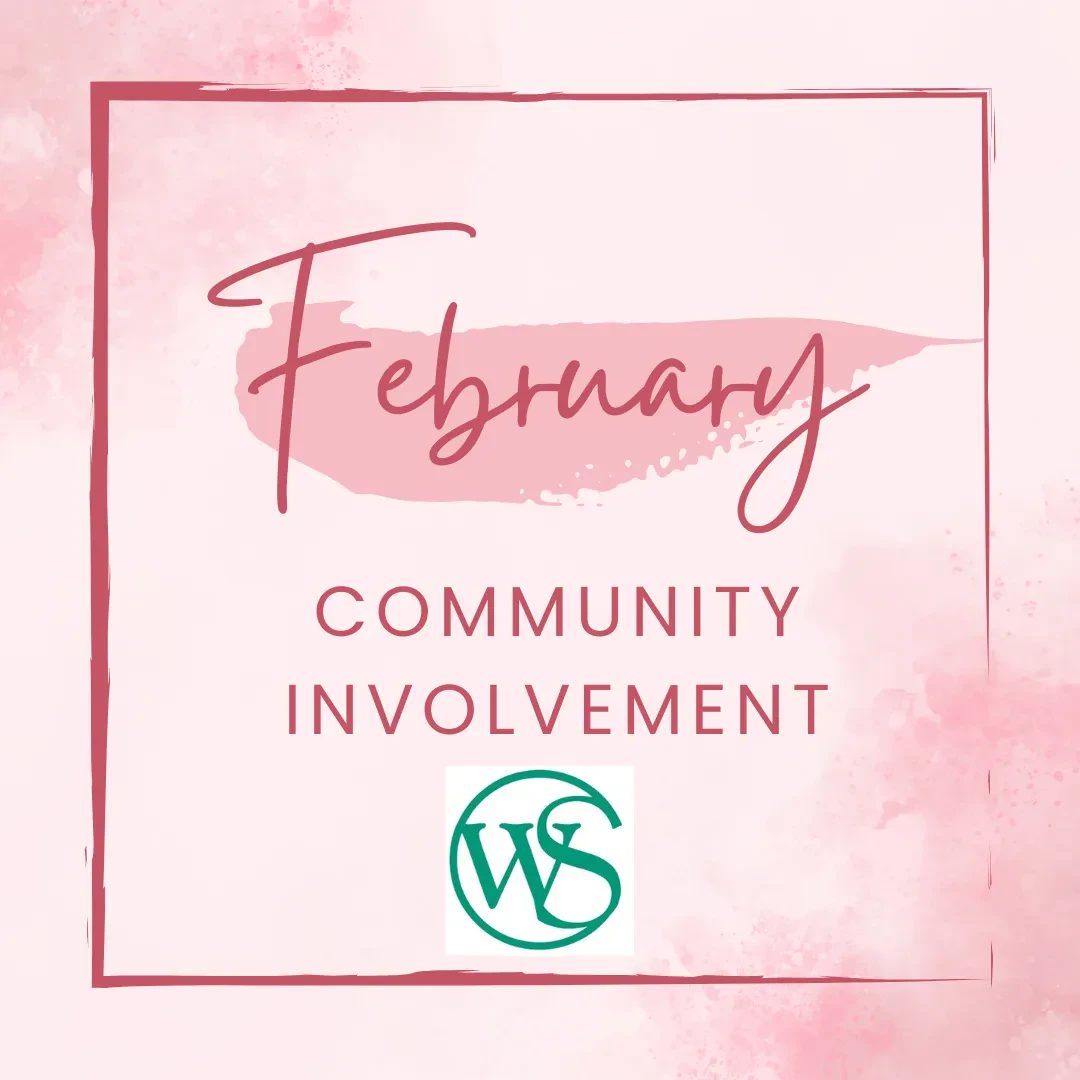 An elegant graphic with a pink watercolor background and a double-lined border. The word "February" is written in large, dark pink cursive script across a light pink brushstroke. Below it, the words "COMMUNITY INVOLVEMENT" are printed in all-caps block letters