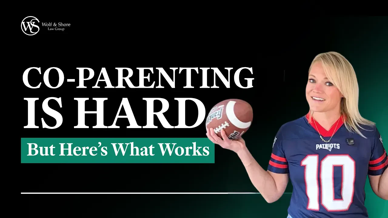 A visual guide illustrating effective co-parenting strategies for navigating challenges and fostering collaboration, with Kristen Wolf holding a football on the right.