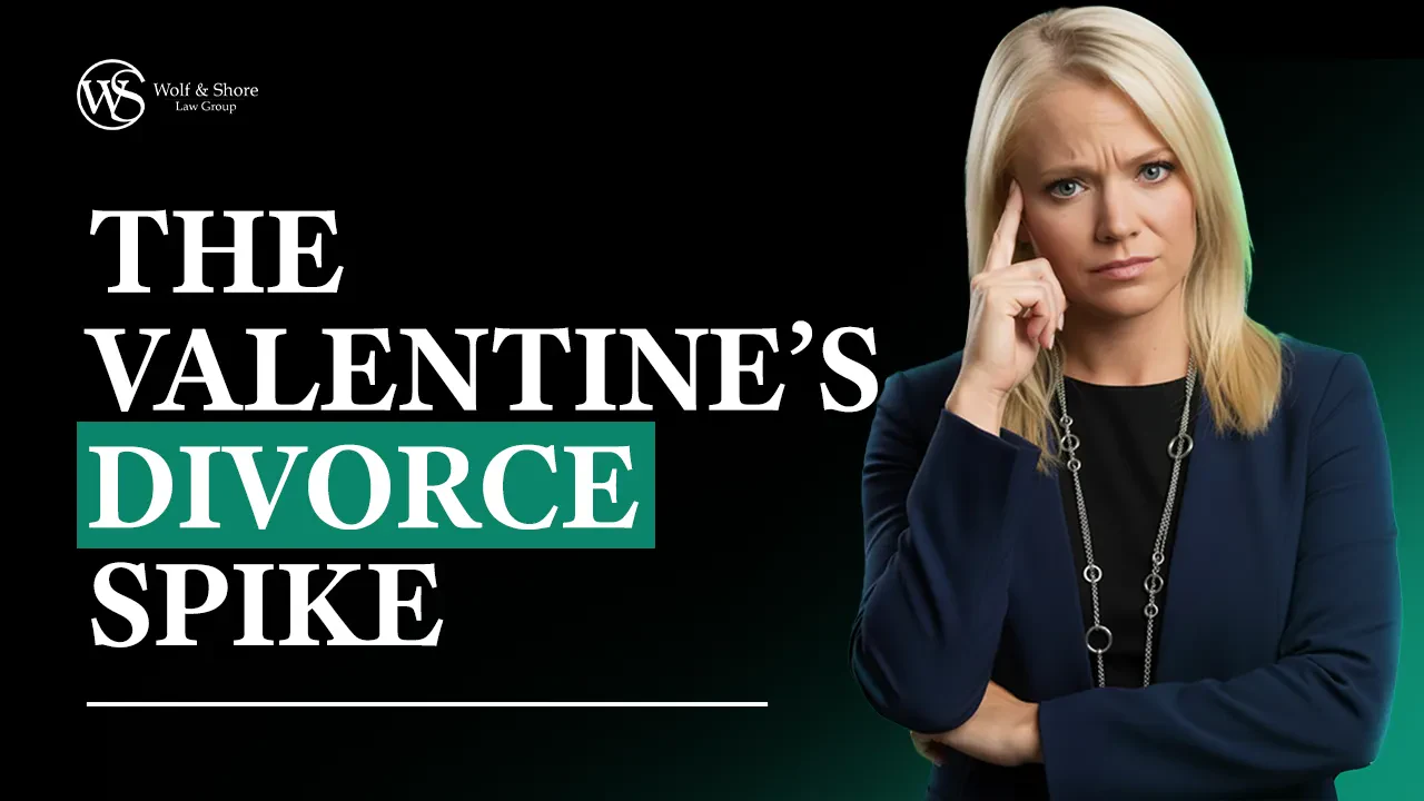 Kristen Wolf beside large text reading The Valentine’s Divorce Spike with DIVORCE highlighted; Wolf & Shore Law Group logo appears in the top left corner.