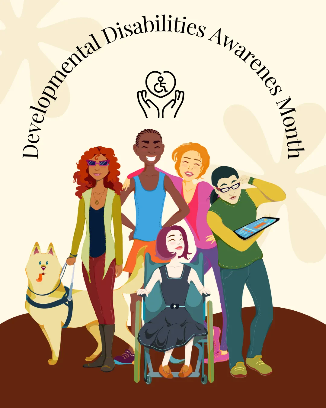 A diverse group of individuals with disabilities gathered together, accompanied by a friendly dog.