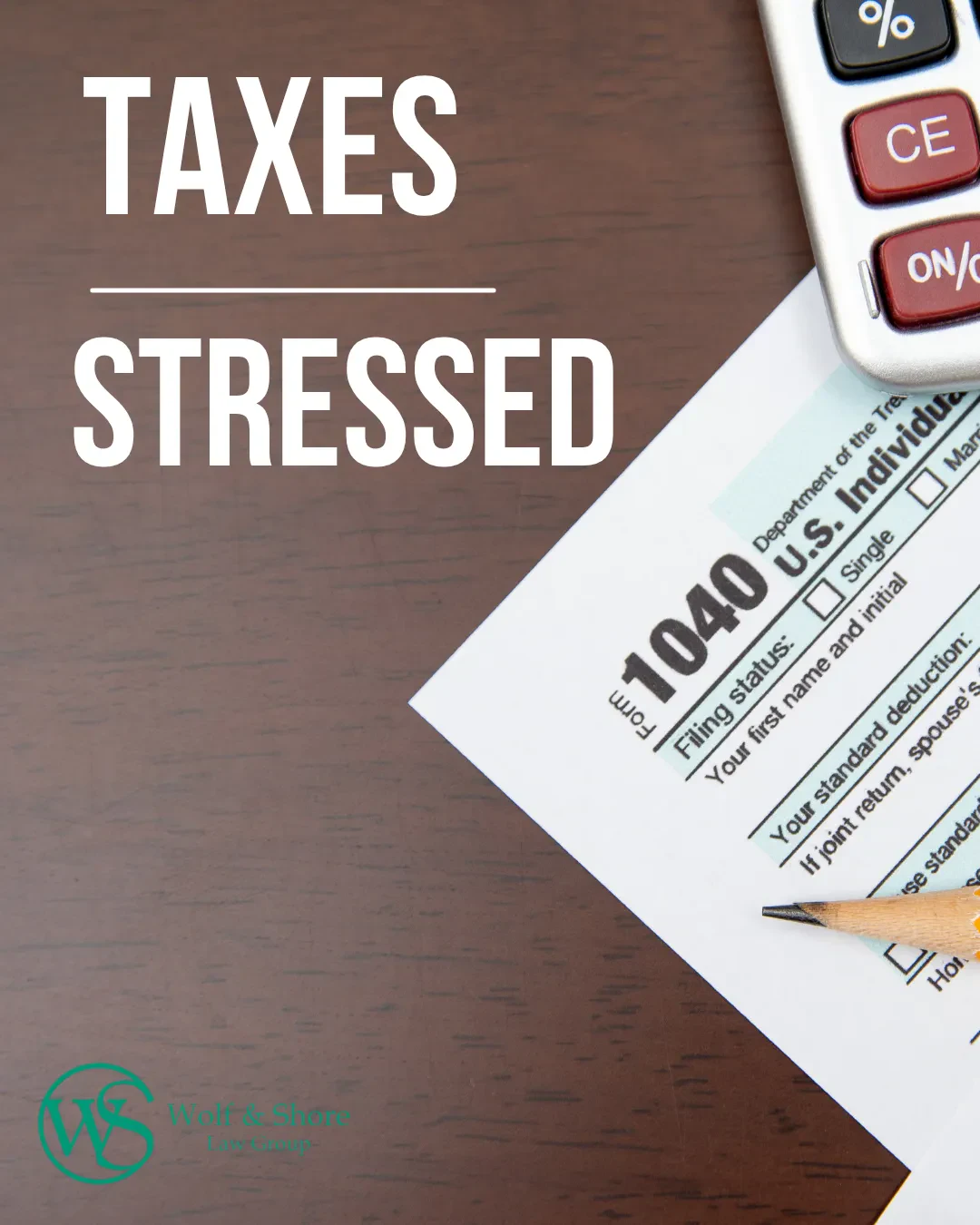Graphic that says Taxed Stressed with American tax forms.