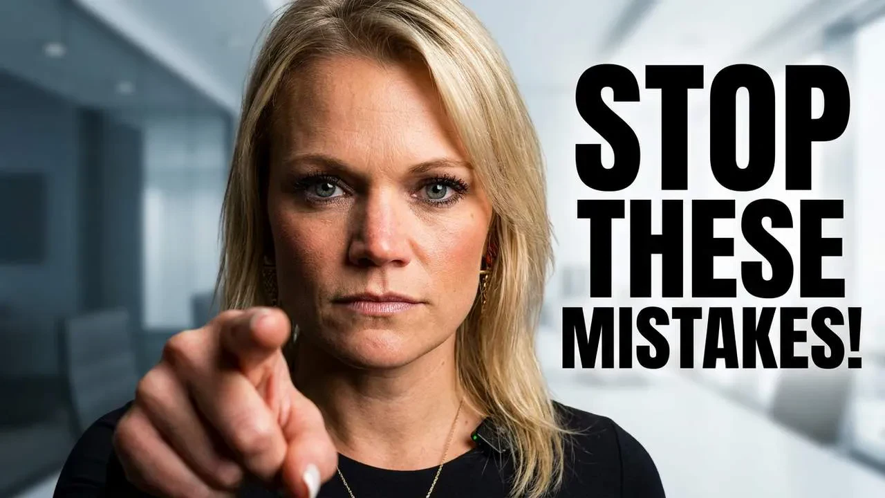Kristen Wolf points directly at the camera; large bold text beside her reads, “STOP THESE MISTAKES!” The background appears to be an office setting, blurred for emphasis on the subject and message.