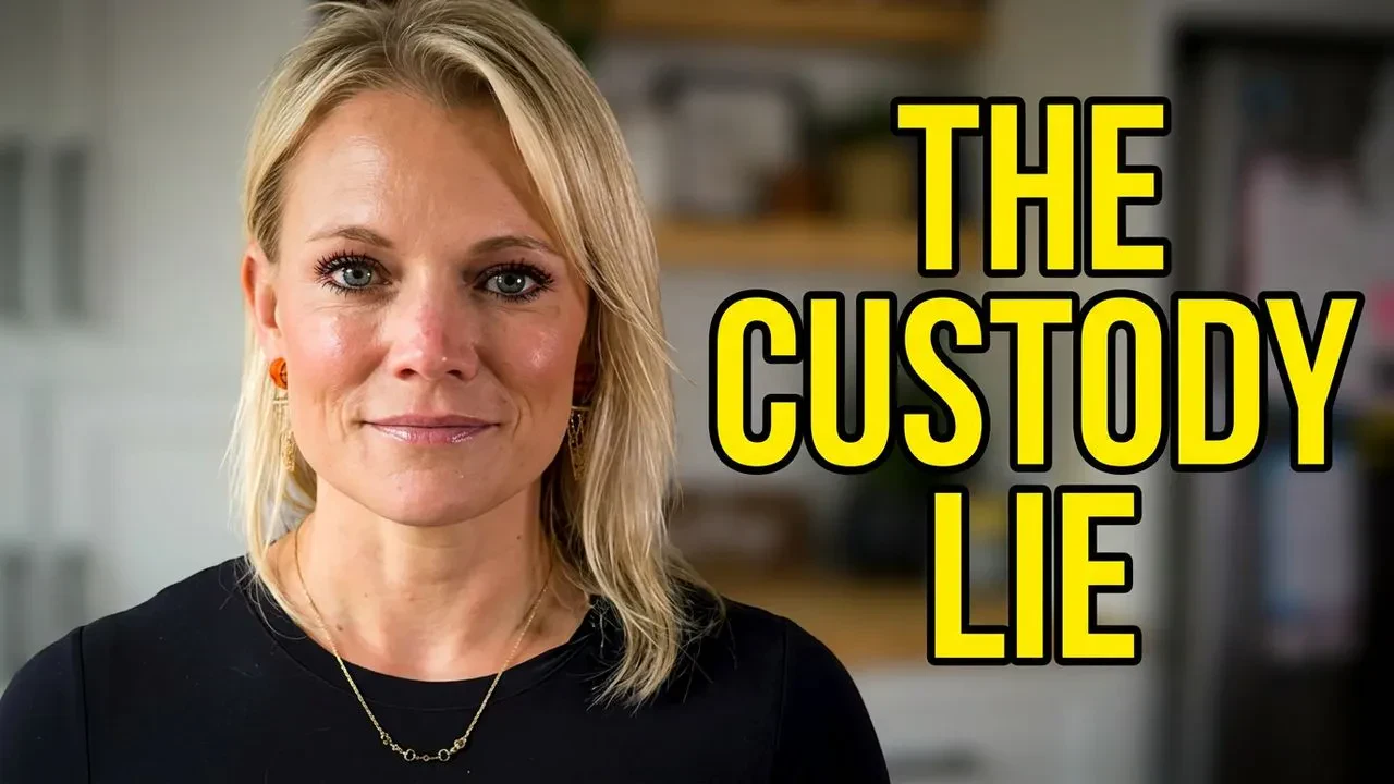 Kristen Wolf indoors, looking at the camera. Large yellow text next to her reads: THE CUSTODY LIE. Shelves and a blurred background are visible behind her.