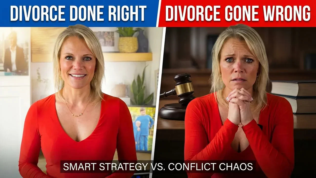 Split image: Left shows Kristen in red with text that reads "Divorce Done Right". Right shows her looking worried, hands clasped, next to legal props, with Divorce Gone Wrong. Text below reads: Smart Strategy vs. Conflict Chaos.